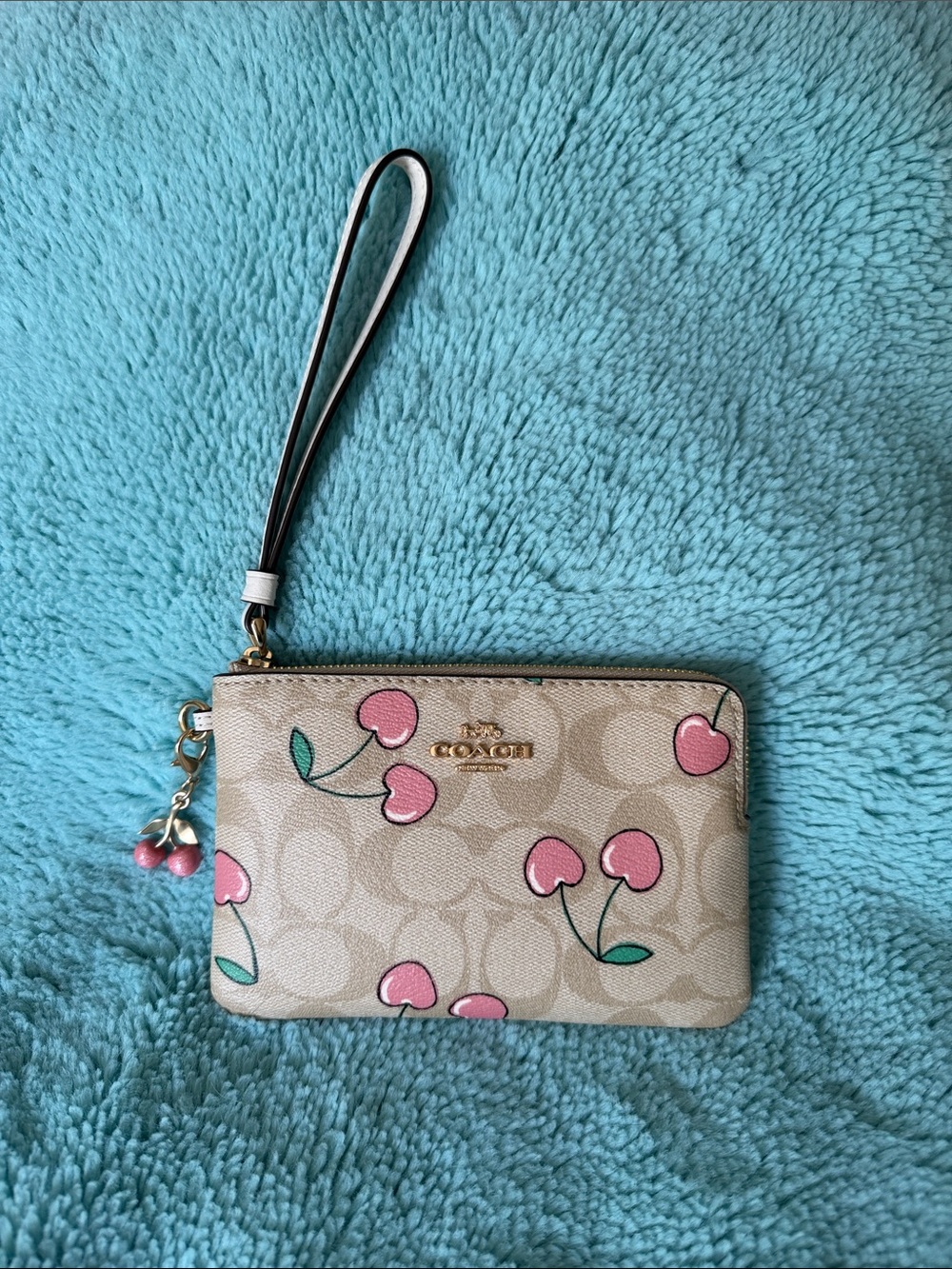Coach Beige Signature Canvas Wristlet with Pink Cherry Print